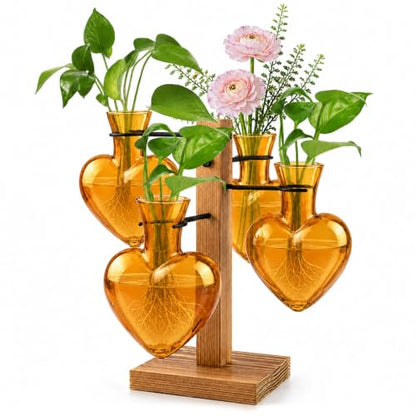 Plant Terrarium Propagation Station with Wooden Stand, 4 Glass Vases - color: Amber