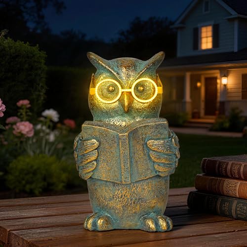 Reading Owl Statue with Solar Glasses Garden Decor Gift for Women - size: Owl