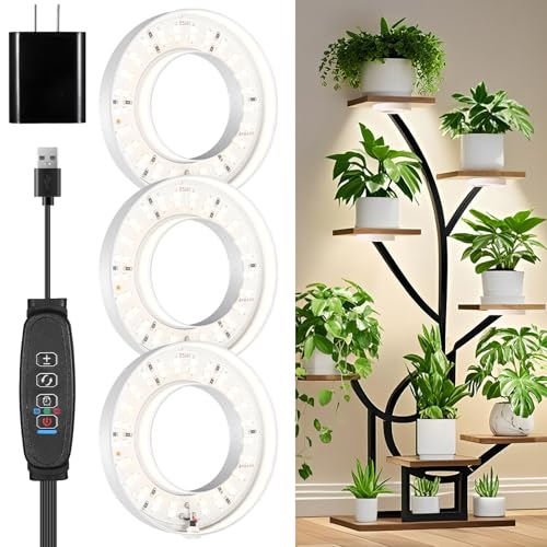 3 Head White Halo Angel Ring Ceiling LED Plant Growth Lights for Shelf, 3000K+6000K Full Spectrum Grow Lamps for Plant Growth Indoor Plants with 6/12/16H Timer, 3 Spectral Modes, 10 Dimmable Levels - size: 3.54in 3 Head