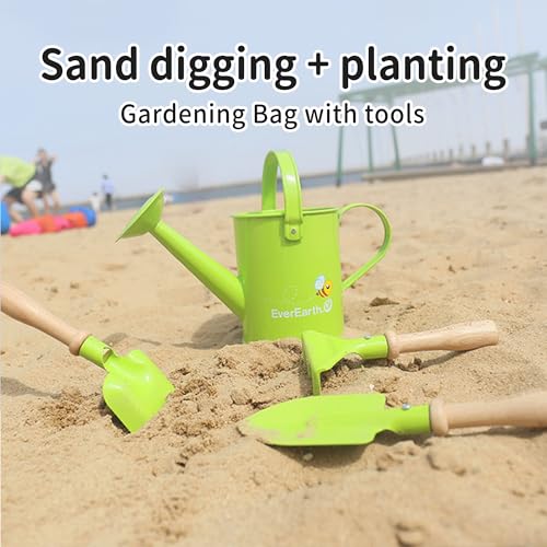 EverEarth Kids Metal Gardening Tools Set, Childrens Gardening Tool Kit with Canvas Tote Bag and Metal Watering Can, Metal Hand Rake, Trowel and Shovel, FSC Certified Wood
