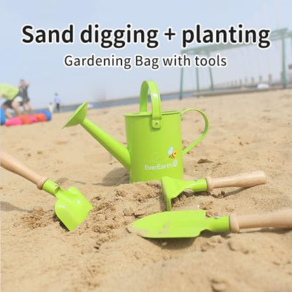 EverEarth Kids Metal Gardening Tools Set, Childrens Gardening Tool Kit with Canvas Tote Bag and Metal Watering Can, Metal Hand Rake, Trowel and Shovel, FSC Certified Wood