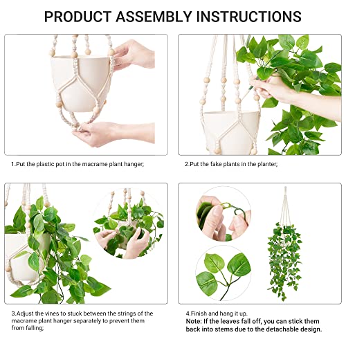 Mkono Fake Hanging Plant, Macrame Hanger with Pothos Vines & Pot, Brown - color: Brown