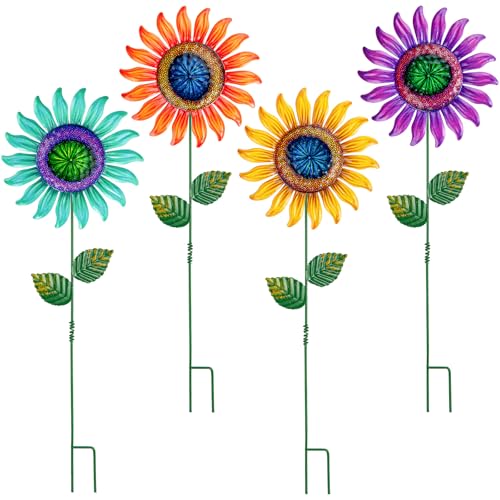 Metal Flowers Garden Stakes Outdoor Decor, 18 inch Shaking Flower Garden Yard Art, Weather Proof Flower Stakes for Yard Lawn Porch Pathway Patio Plant Pot Decorations - color: 4p-c