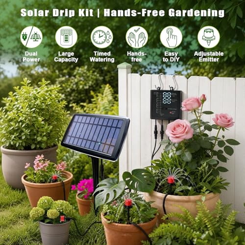 Solar Irrigation System for Garden, Solar Drip Irrigation System Automatic Drip Irrigation Kits with Irrigation Timer, Solar Powered Garden Watering System for Balcony, Vacation Plant Care