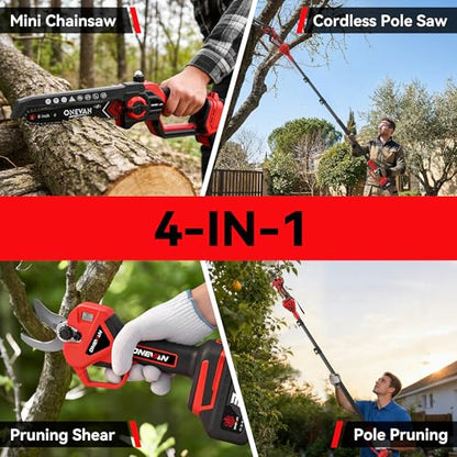 ONEVAN 4-in-1 Battery Pole Saw & Electric Pruning Shears 2x 3.0Ah Battery