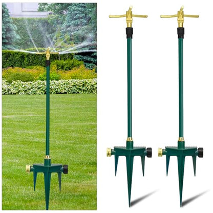3-Arm 360° Rotating Garden Sprinkler, 2 Pack Telescoping Sprinkler with Spike, Brass Garden Lawn Water Sprinkler for Large Area up to 40 Inches