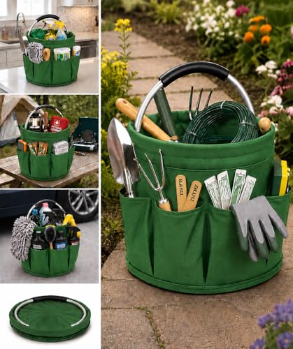 Garden Tool Organizer Tote with Non-Slip Handle – 4.5-Gallon Water-Resistant Bucket Bag with 6 Side Pockets, Portable Gardening and Outdoor Utility Bag for Yard Work, Garage, Beach & Camping - color: Green