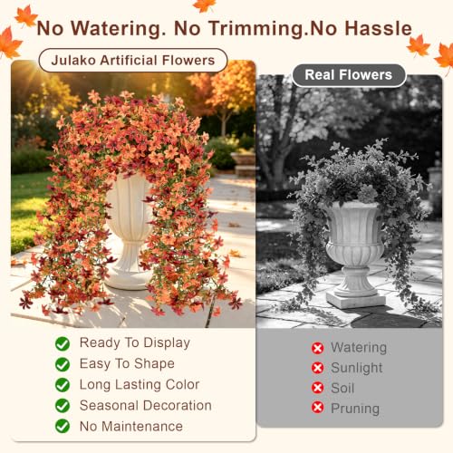 Artificial Hanging Flowers for Outdoors, 4 PCS 688-Bloom UV Resistant Mums - color: Orange Burgundy Gradient