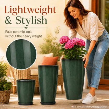Neoaider Set of 3 Tall Planter, 24/21/12in Large Plastic Planter, DarkGreen - color: Dark Green