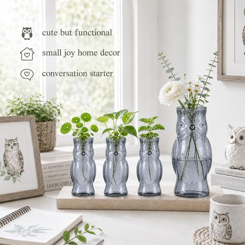 Nacome Owl Plant Propagation Station: Set of 4 Cute Grey Glass Vases - color: Gray