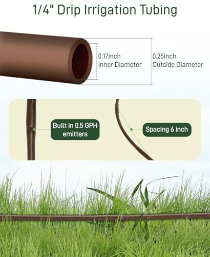 1/4" Drip Irrigation Tubing with 6" Emitter Spacing, (100 Ft Roll) Hydroponics Dripline with Built-in 0.5 GPH Dripper, Drip Line for Landscape Irrigation, Tree Watering and Greenhouses (Brown) - size: 100FT