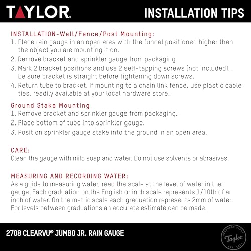Taylor Jumbo JR Rain Gauge, Measure and Monitor Precipitation, Easy to Read for Backyard, Patio, Garden, and Lawn, 5-inch, Yellow