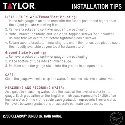 Taylor Jumbo JR Rain Gauge, Measure and Monitor Precipitation, Easy to Read for Backyard, Patio, Garden, and Lawn, 5-inch, Yellow