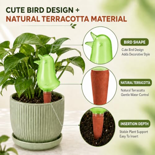 4 Pack Self Watering Spikes for Indoor Plants, Plant Watering Devices with Bird Shape, Automatic Irrigation Spikes for Potted Plants, Vacation Plant Waterer System (Green) - color: Green