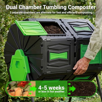 Compost Tumbler, Easy Assemble & Efficient Outdoor Compost Bin, 45 Gallon/170 Liter Large Dual Chamber Rotating Composter for Garden, Kitchen, and Yard Waste, Green Door - color: Green
