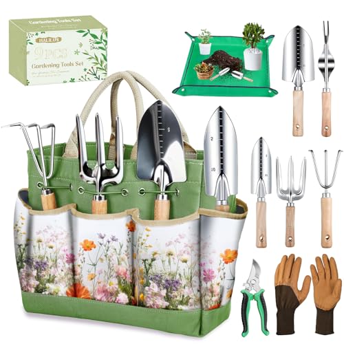 Garden Tools 9 Pcs Heavy Duty Gardening Tool Set Green Tote Bag Men Women - color: Green