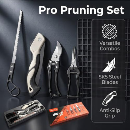 Garden Tool Set 5PC, SK5 Steel Shears + 2 Folding Saws