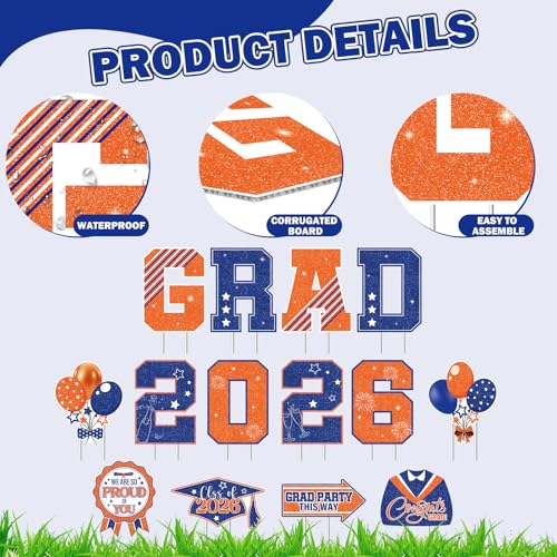Rngmsi Graduation Yard Signs Class of 2026, 14PCS Congrats Grad 2026 Yard Sign with Stakes, Graduate Yard Decorations for College High School Outdoor Lawn Party Decor (Orange and Blue) - style: Grad 2026