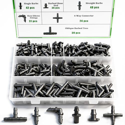 220Pcs Barbed Connectors Irrigation Fittings Kit,Irrigation Connector for 1/4" Tubing Garden Lawn Irrigation,End Plug,Barbs,Straight Barbs,Single Barbs,4-Way Coupling,Tees - size: 220PCS