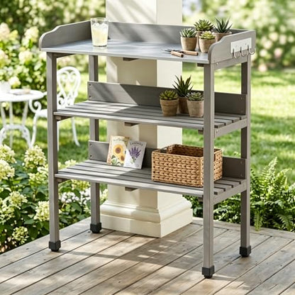 30″x14.5″×35.5″ Potting Table w/Metal Tabletop, 3 Layers Outdoor Work Bench w/Hook for Garden, Solid Wood Workstation for Garage (Grey)