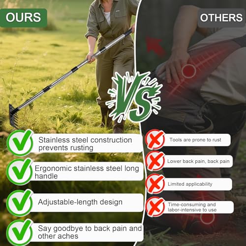 Weed Puller Tool Stainless Steel 8 Tines Manual Weeder Tool with Adjustable Length Handle, Weeder Rakes for for Yard, Patio, Lawn and Garden - size: 8 TINES