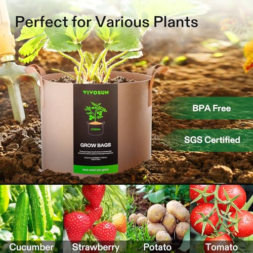 VIVOSUN 5-Pack 5 Gallon Plant Grow Bags Fabric Pots with Handles - color: Tan, size: 5 Gallons