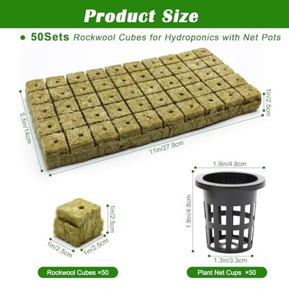 50 PCS 1" Rockwool Cubes & 50 PCS 1.5" Net Cups for Hydroponics - color: Black