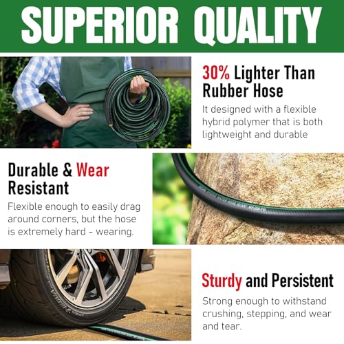 Garden Hose 100 ft x 5/8" with Nozzle, Water Hose Heavy Duty Flexible, Lightweight Kink-less Hybrid Hose with Swivel Handle, Male to Female Fittings (Green, 100FT) - color: Green, size: 100ft