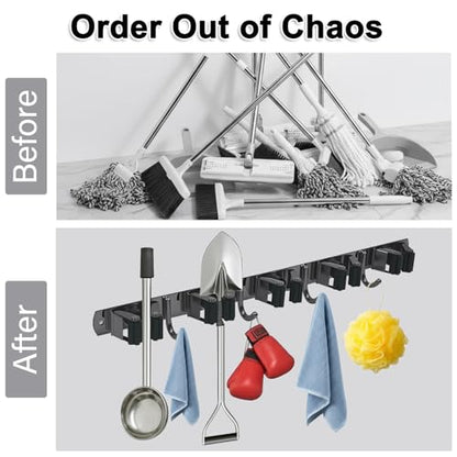 SUS304 5 Racks and 4 Hooks Mop and Broom Holder Wall Mount - color: 5 Racks & 4 Hooks (Black) - 1 Pack