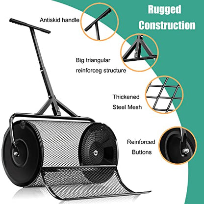 24" Compost Spreader Peat Moss Spreader with Upgrade Latches - Durable Metal Mesh Fertilizer Spreaders for Lawn and Garden Multi-Purpose Seed Spreader (Black-L) - color: Black-L