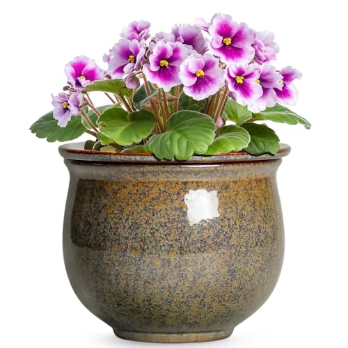 Self Watering Planters for Indoor Plants, 6 Inch Ceramic African Violet Pots with Absorbent Inner Pot, Ceramic Plant Pot, Round Flower Pots, Bathroom Decor, Housewarming Gifts, Yellowish Brown - color: Yellowish Brown, size: 6 Inch
