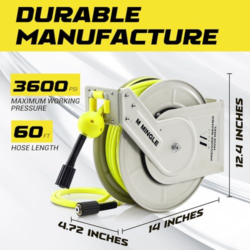 M MINGLE Retractable Pressure Washer Hose Reel, 1/4" × 60ft Power Washer Hose Reel, Auto Rewind Hose Reel, Wall/Floor Mounted, 3600 PSI - size: 60 FT