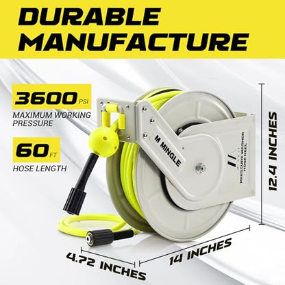 M MINGLE Retractable Pressure Washer Hose Reel, 1/4" × 60ft Power Washer Hose Reel, Auto Rewind Hose Reel, Wall/Floor Mounted, 3600 PSI - size: 60 FT