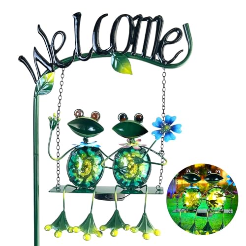 HONGLAND Solar Lights Outdoor Waterproof, Frog Swing Garden Decor, Frog Decorative Stake with Welcome Sign Landscape Patio Yard Gifts for Women Mom (48 inch) - color: Frog Swing