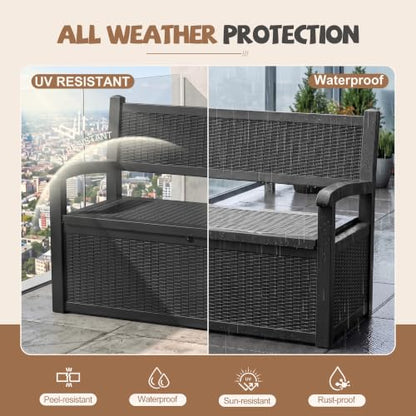 EFU Outdoor Bench Storage Deck Box,100 Gallon Waterproof Wicker - color: Black
