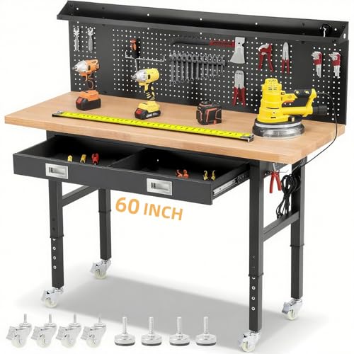 ENJOYWOOD Work Bench with Wheels 60 x 22 Inch Heavy Duty Rubberwood Tabletop Work Table Adjustable Height Garage Workbench with LED, Drawers, Pegboard, Power Outlets for Woodworking Shop, Home, Office - size: 60" Pro