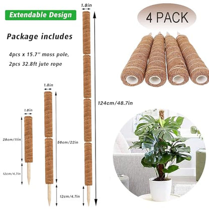 YEAJON 4 Pcs 15.7 Inch Coir Moss Totem Pole Monstera Plant Support with 2 Pcs 32.8ft Jute Rope, Plant Stakes for Indoor Plants Climbing, Support Extension(4 Packs 15.7 Inch)