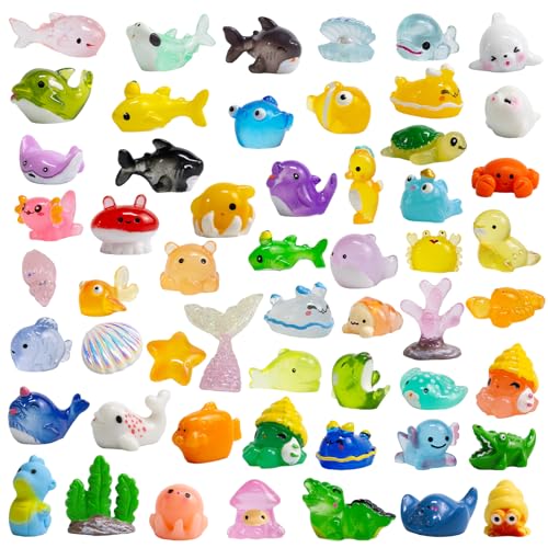55 PCS Mini Resin Ocean Animals, Assorted Tiny Sea Animal Figurines for Classroom Rewards, Treasure Box Prizes, Aquarium Fish Tank Decor,Dollhouse DIY Miniature Scenes, Beach Party Favors - color: Transparent-55pc