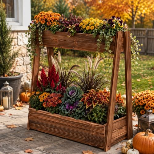 36" 2-Tier Freestanding Elevated Wooden Raised Garden Bed - color: 36" H Garden Bed-carbonized Wood Color