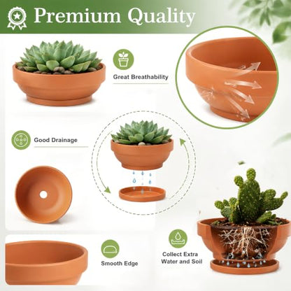 Laerjin Terracotta Pots, 6.43 Inch Shallow Planters with Saucers, 6 Pack - size: 6.43 inch+saucer