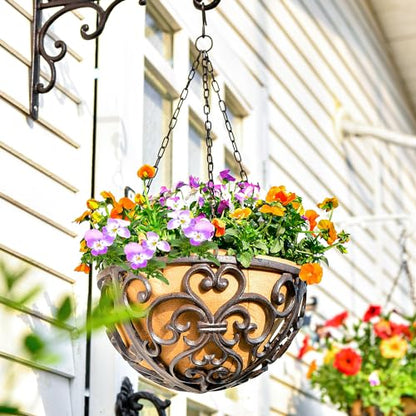 Sungmor 2PC 11" Dia. Cast Iron Hanging Baskets with Fabric Liner - Brown - color: Hanging Basket - Round