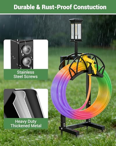 Garden Hose Holder with Solar Light, Freestanding Hose Stand for Outside