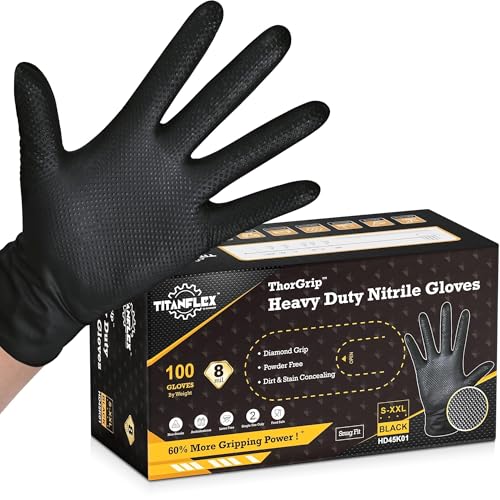 TitanFlex Heavy Duty Black Industrial Nitrile Gloves with Raised Diamond Texture, Latex Free 8mil - size: Medium