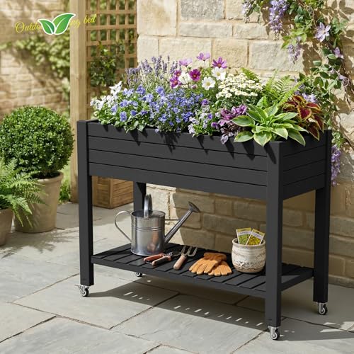 Elevated Raised Garden Bed,Outdoor Large Planter Box with Wheels & Shelf for Backyard Balcony,Dust-Proof Resin Patio Raised Bed for Herbs Flowers Vegetables(Black) - color: Black