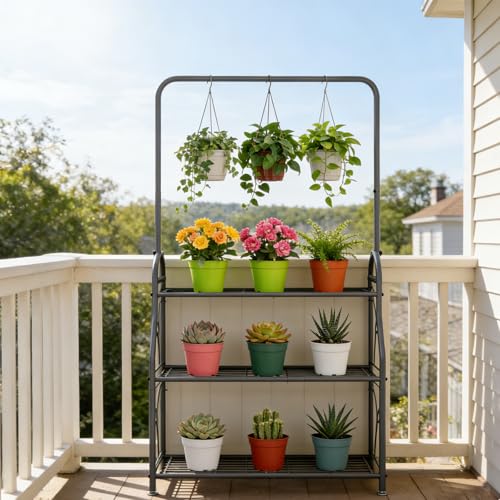 SORCEDAS Plant Stand Outdoor Indoor 3 Tier Metal with Hanging - size: 3 Tier With Hanging-Dark Grey