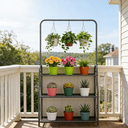 SORCEDAS Plant Stand Outdoor Indoor 3 Tier Metal with Hanging - size: 3 Tier With Hanging-Dark Grey