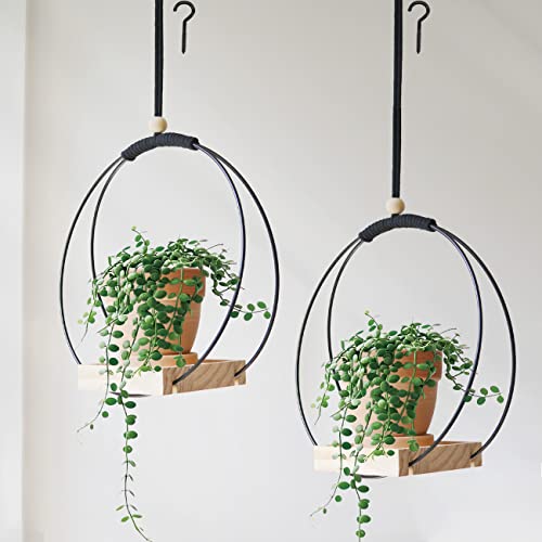 Plant Hangers Indoor with Wood Base -2 Pack Boho Macrame Hanging Plant Holder for Indoor Plants Hanging Planter for Wall/Window/Room Decor Black (Pot & Plant Not Included) - color: Black, size: 2 PACK