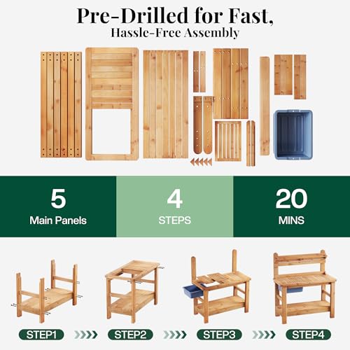 Jocisland Outdoor Solid Wood Potting Bench with Large Tabletop, Sink&Shelf