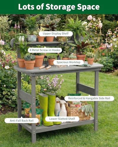 HIPS Outdoor Potting Table Bench with 3-Tier Storage Gray - color: Gray