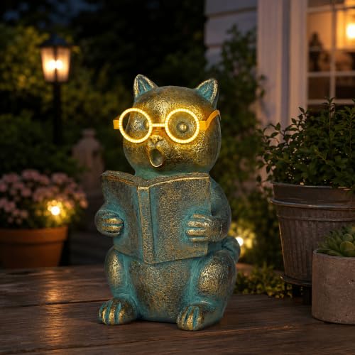 Solar Reading Cat Decor with Light-Up Glasses Patina Garden Statues - size: Cat